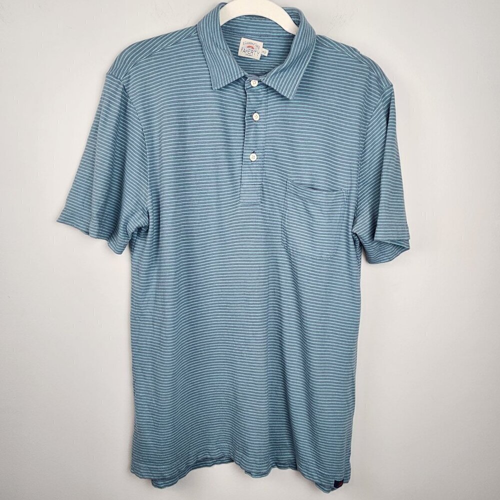 Faherty brand men polo shirt sz M blue stripes preppy casual golf resort